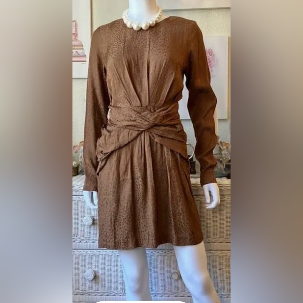 Rouje Paris Brown Micro Dots Ruched Waist High Neckline Long Sleeve Dress Size S